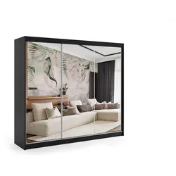 KLEIDERSCHRANK mit Spiegel-Schiebetüren und Aluminium-Leisten, LED-Beleuchtung - DEBI - 240 cm Schwarz