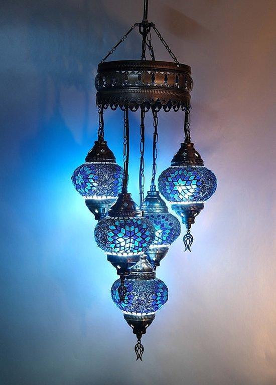 Halay Vijflichts Turkse hanglamp van blauw mozaïekglas