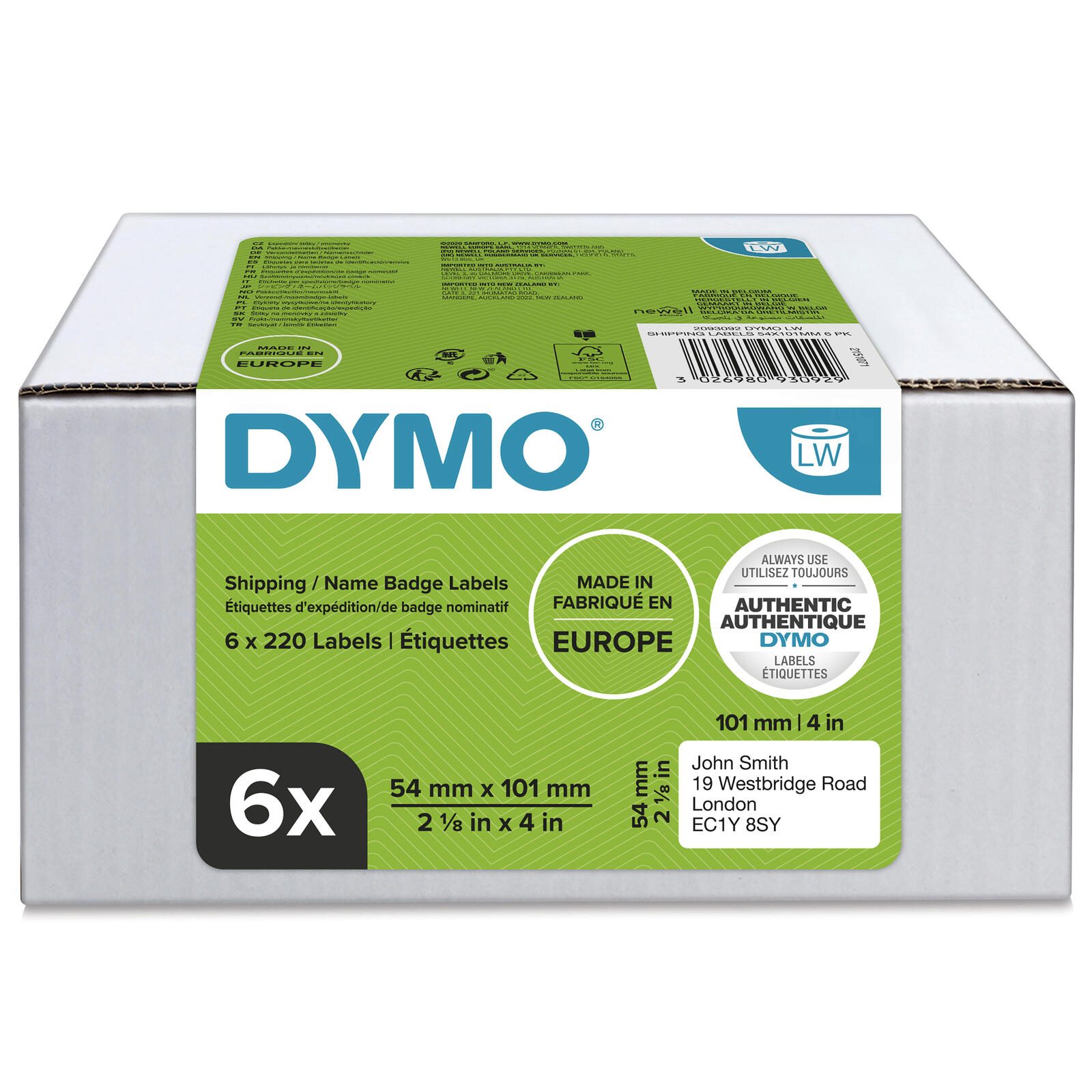 DYMO® Original Etikett für LabelWriter™, Vorteilspack, Versand - weiss - permanent haftend, 6 x 220 Etiketten 2093092