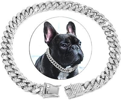 Uplift Treasures Luxury Cuban Link Pet Collar With Crystal Accents silver 50cm 20inch