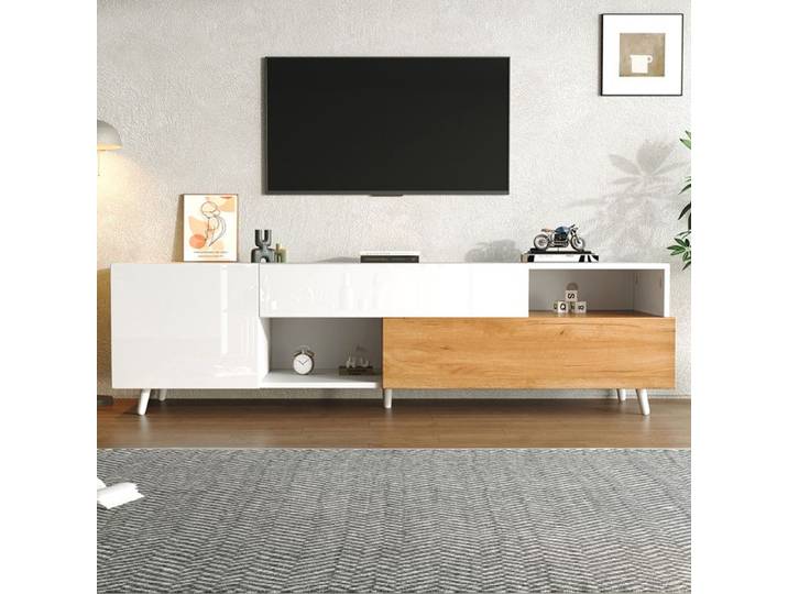 Meuble TV brillant 7 compartiments Blanc + Naturel 180x38x50 cm pour TV 75 pouces