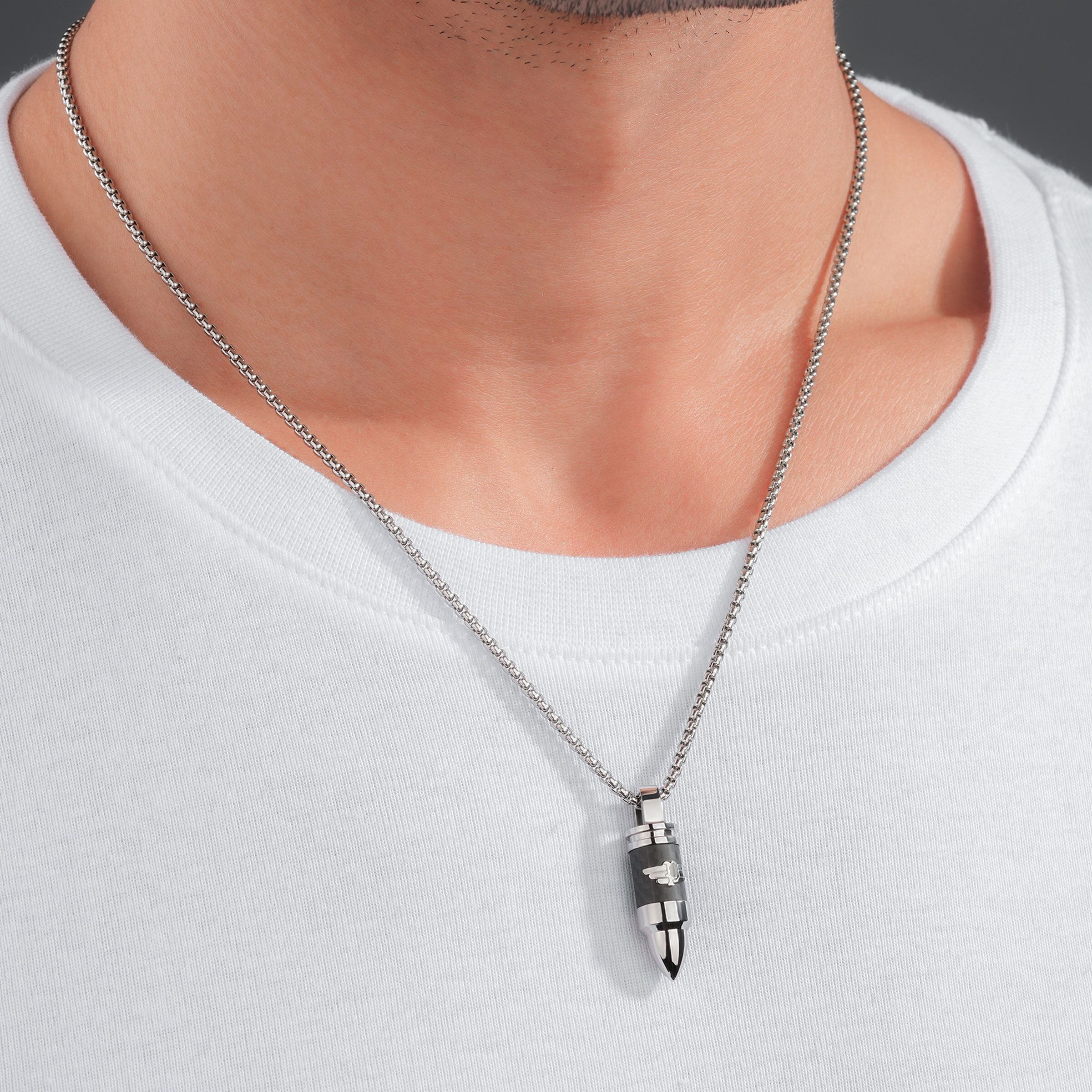 Kette mit Anhänger POLICE "Rock Munition Patrone", silberfarben, schwarz, Halsketten, Herren, Carbon Edelstahl, L: 55 B: 2mm, Carbon, Edelstahl, Kette mit Anhänger, B:2mm