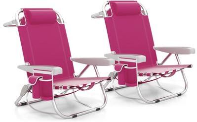 Costway Foldable Backpack Beach Chair with Cup Holder and Storage Pockets Set of 2-Pink