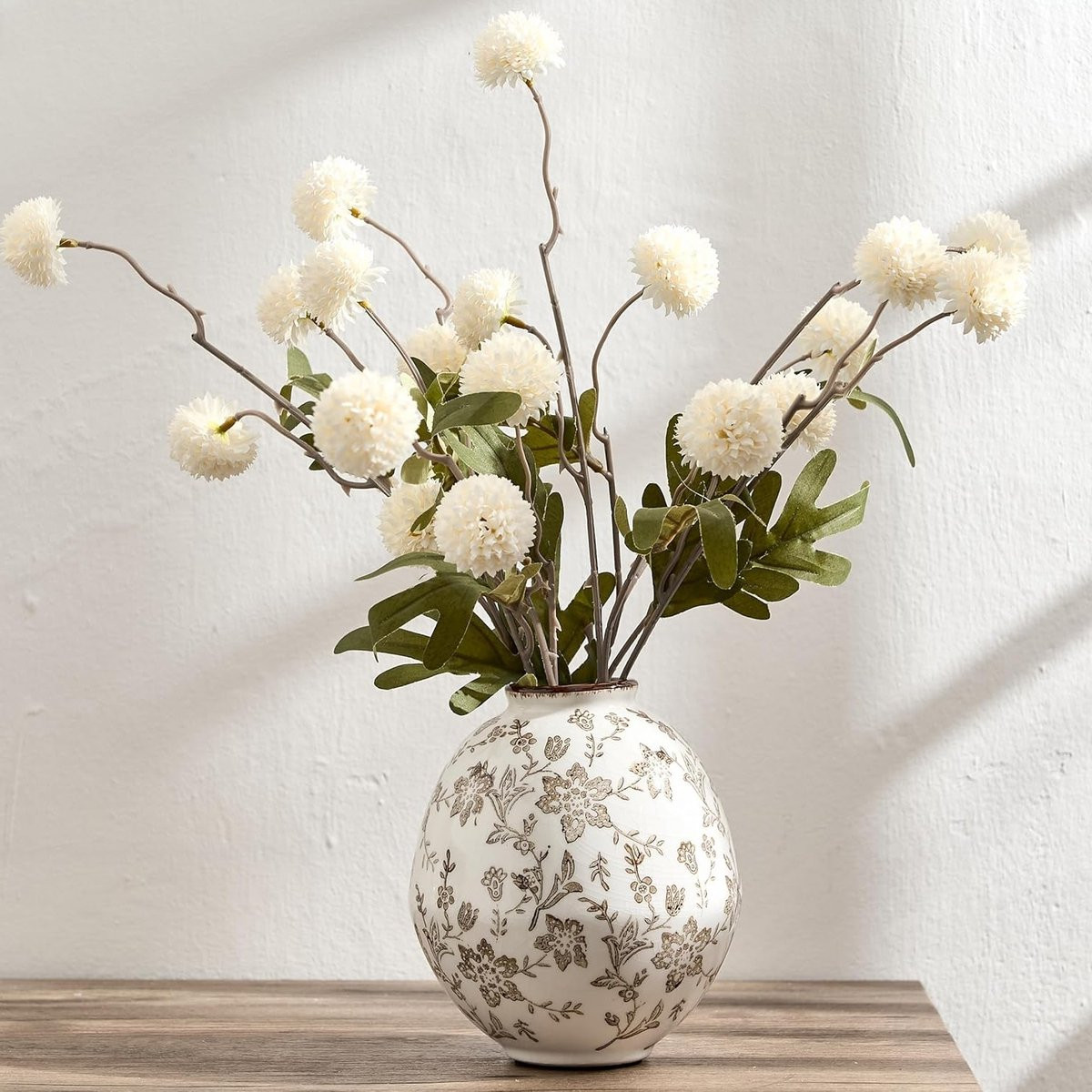 Vintage Grijze Chinoiserie Bloemenvaas met Elegante Bloemmotieven - Antieke Rustieke Keramische Vaas voor Woondecoratie, Hoogte: 14,8 cm