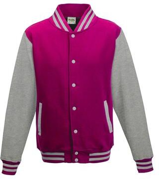 Just Hoods By AWDis JHA043 Adult Letterman Jacket in Hot Pink/Heather Grey size Medium   Ringspun Cotton