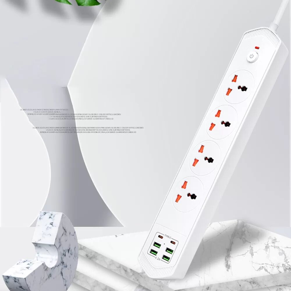 INF Multiprise Universelle EU avec 4 Prises, 4 USB-A & 2 USB-C, Câble de 2m Blanc