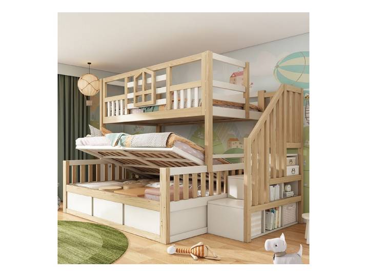 REDOM Etagenbett Kinderbett Hüttenstil Etagenbett (Packung, 1-St., Weiß&Natur, 90+140x200cm (ohne Matratze), Sicherheitsgeländer & Hydraulik-Stauraum