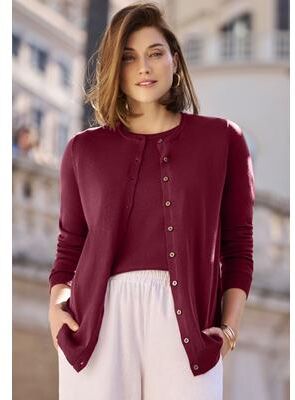 Plus Size Women's Fine Gauge Button-Front Cardigan by Jessica London in Merlot (Size 18/20) Sweater