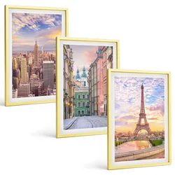 BILDER SET 3er Set - 40x60 cm Goldrahmen - Städte New York Paris Dämmerung