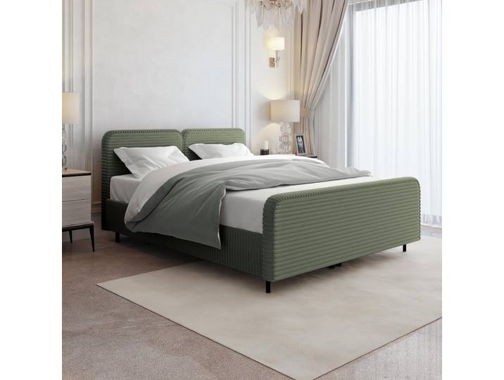 Doppelbett LEA 140x200 Polsterbett mit Bettkasten, Matratze & Topper – TILIA - Polsterstoff Grün