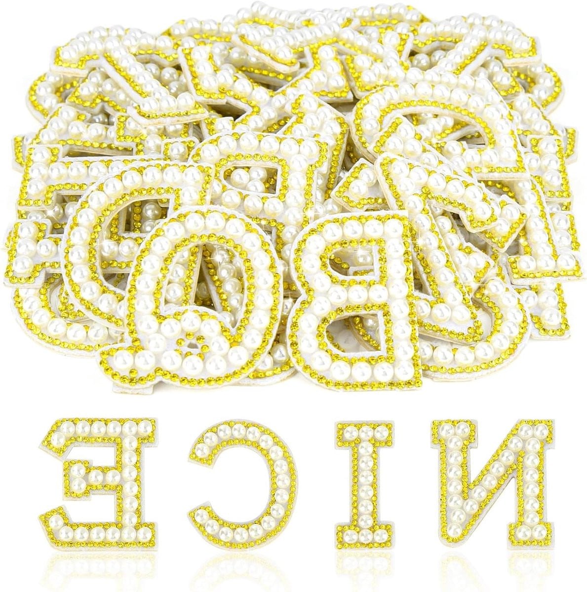 Zelfklevende Letterstickers met Parels en Strass voor het Versieren van Kleding - 26 Stuks - Wit en Goud