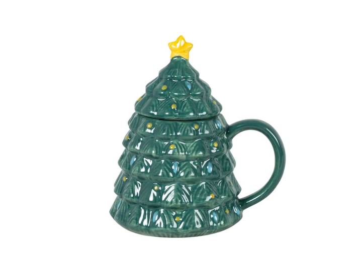 Weihnachtsbaum-Tasse aus Steingut, grün, gelb und blau