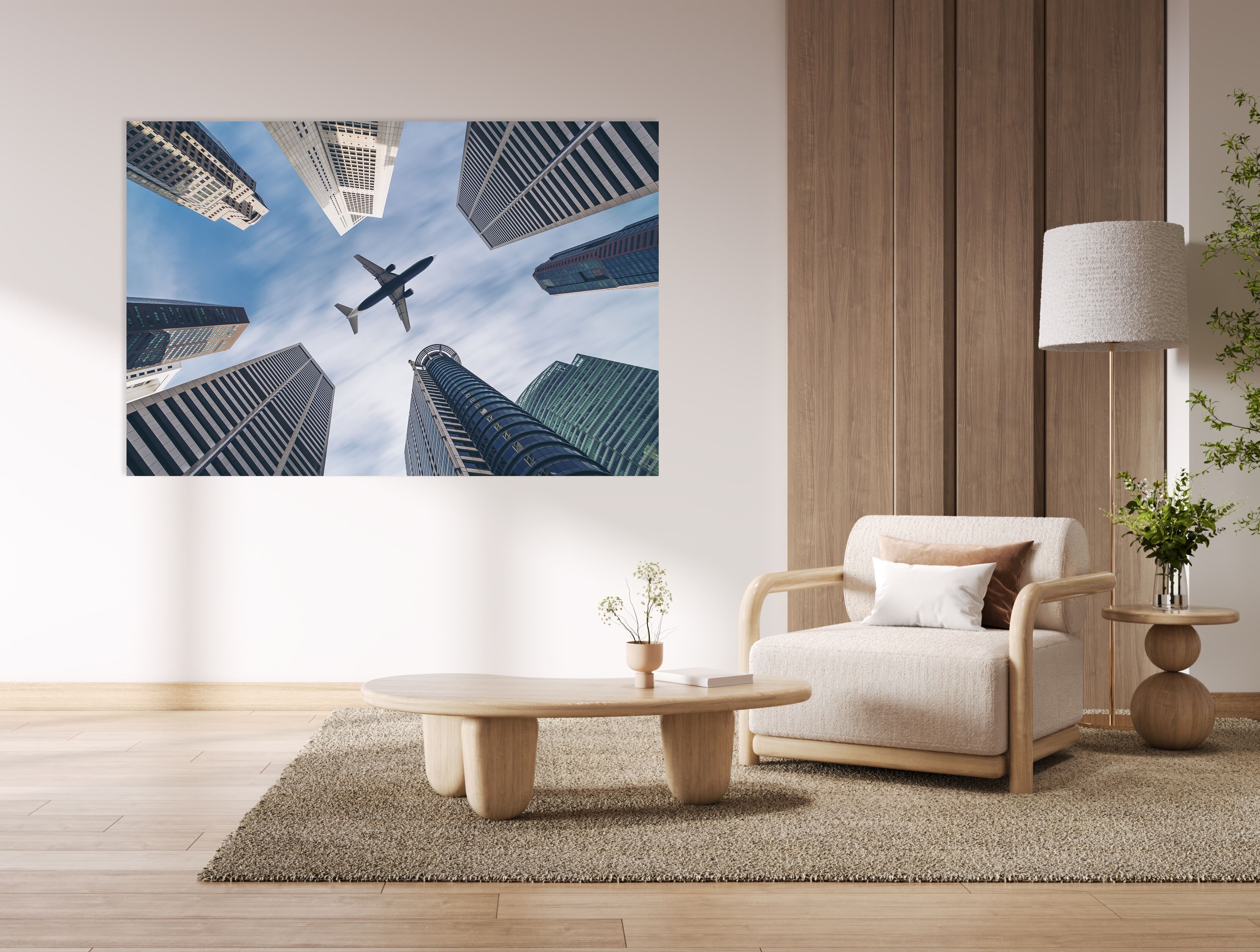 Acrylglasbild QUEENCE "Flugzeug über Hochhäusern", farbe bild(er): blau,grau, B:60cm H:40cm, Acrylglas, Bilder, Acrylglasbild, mit schwebender 3D Tiefenwirkung, dank der rahmenlosen Befestigung
