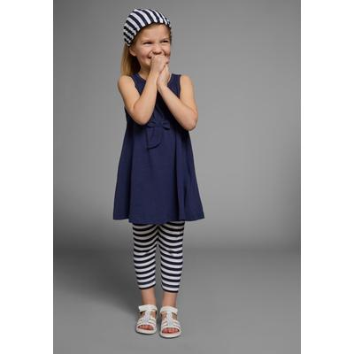 Kleid, Leggings & Haarband KIDSWORLD "3tlg. Set: Kleid, Capri und Haarband geringelt", Mädchen, Gr. 104/110, blau (marine, weiß), Jersey, Obermaterial: 100% Baumwolle. Unterteil: 95% Baumwolle, 5% Elasthan, gestreift, unifarben, KOB Set-Artikel,...