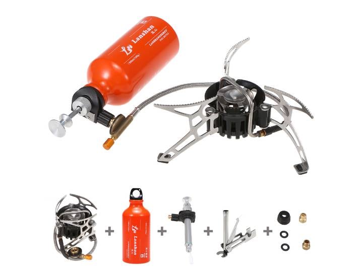 【Nouveau】Réchaud à huile multi-combustibles Lixada pour camping en plein air avec bouteille de carburant de 500 ml et pare-vent à 9 plaques pour réchaud de camping