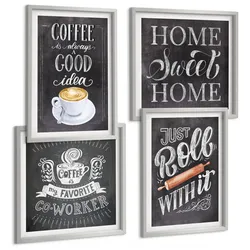 BILDER SET 4er Set - 50x50 cm & 40x60 cm Silberner Rahmen - Kaffeeroller, heimelige Wärme