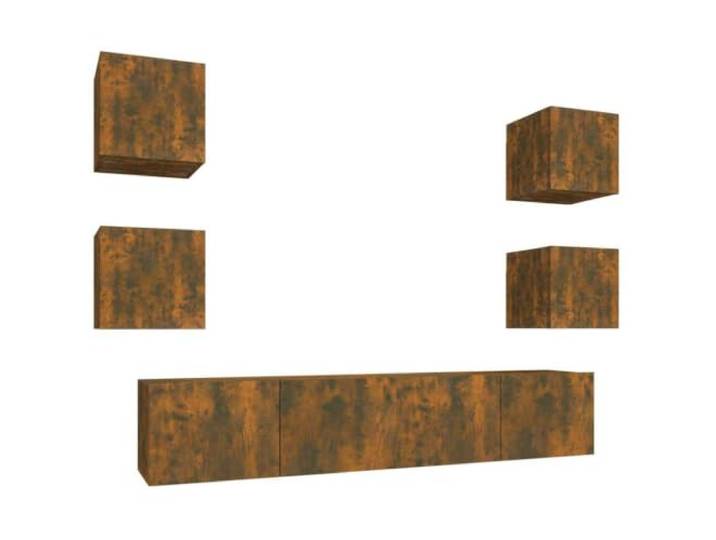 Foknhdi 6-tlg TV Schrank Set Wandmontage Räuchereiche Holzwerkstoff Platzsparendes Hängeboard für Wohnzimmer und Schlafzimmer mit reichlich Stauraum für Medien und Deko.