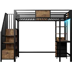 OKWISH Hochbett aus Metall in Schwarz, 90x200 cm, mit Schreibtisch, Ablagefächern, Kleiderstange, LED-Beleuchtung und Steckdose