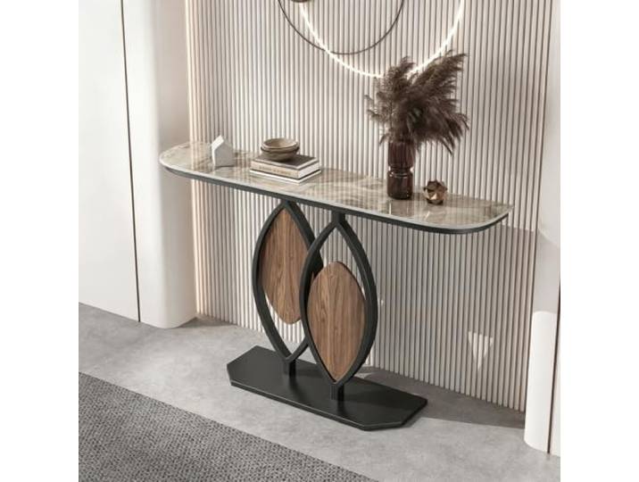 Moderner Konsolentisch mit Steinplatte, Flurtisch für Eingangsbereich Robuste Steinplatte, Metallrahmen, Schmaler Flurtisch, Sofatisch, Wohnzimmer(Black+Gray,39.4in(100cm))