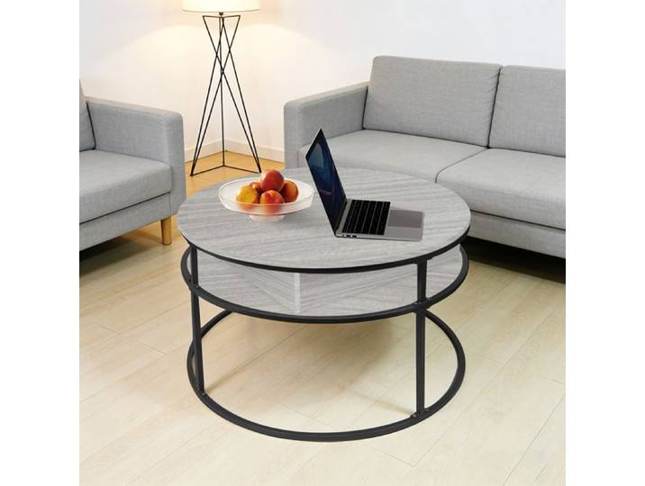 OHMG-Table Basse Ronde Réglable En Hauteur-Pour Bureaux Et Salons-Espace De Rangement Intégré+Étagère-Couleur Bois Clair