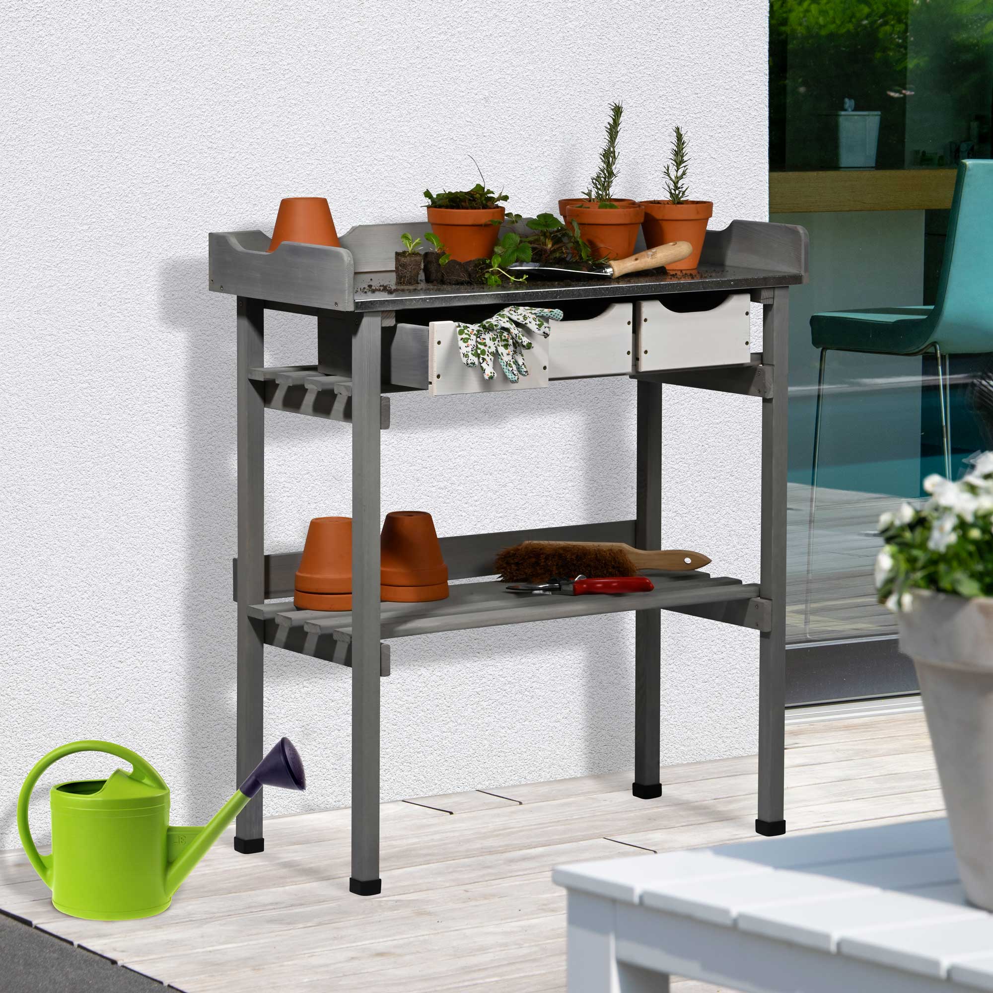 Pflanztisch DOBAR "mit 3 Schubladen, Grau-Weiss", grau (steingrau, weiß), B:78cm H:88cm T:38cm, Tische, Pflanztisch steingrau, weiß B/H/T: 75cm x 88cm x 35,5cm