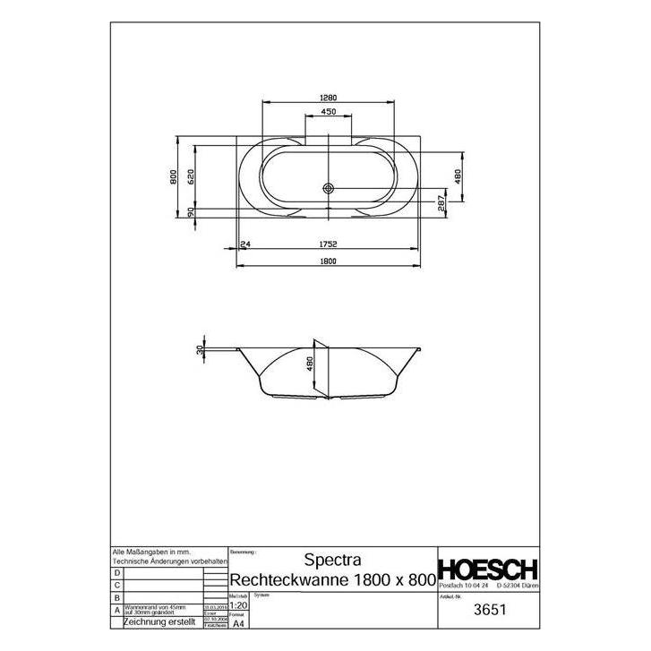 Hoesch Badewanne SPECTRA 1800x800x480mm we (170 l) (3651.010)