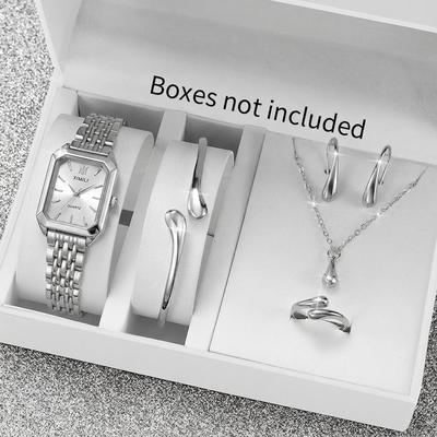 Fusion Finds Elegant Women's Quartz Watch Set With Rectangle Dial & Fashion Jewelry Gift Collection silver White
