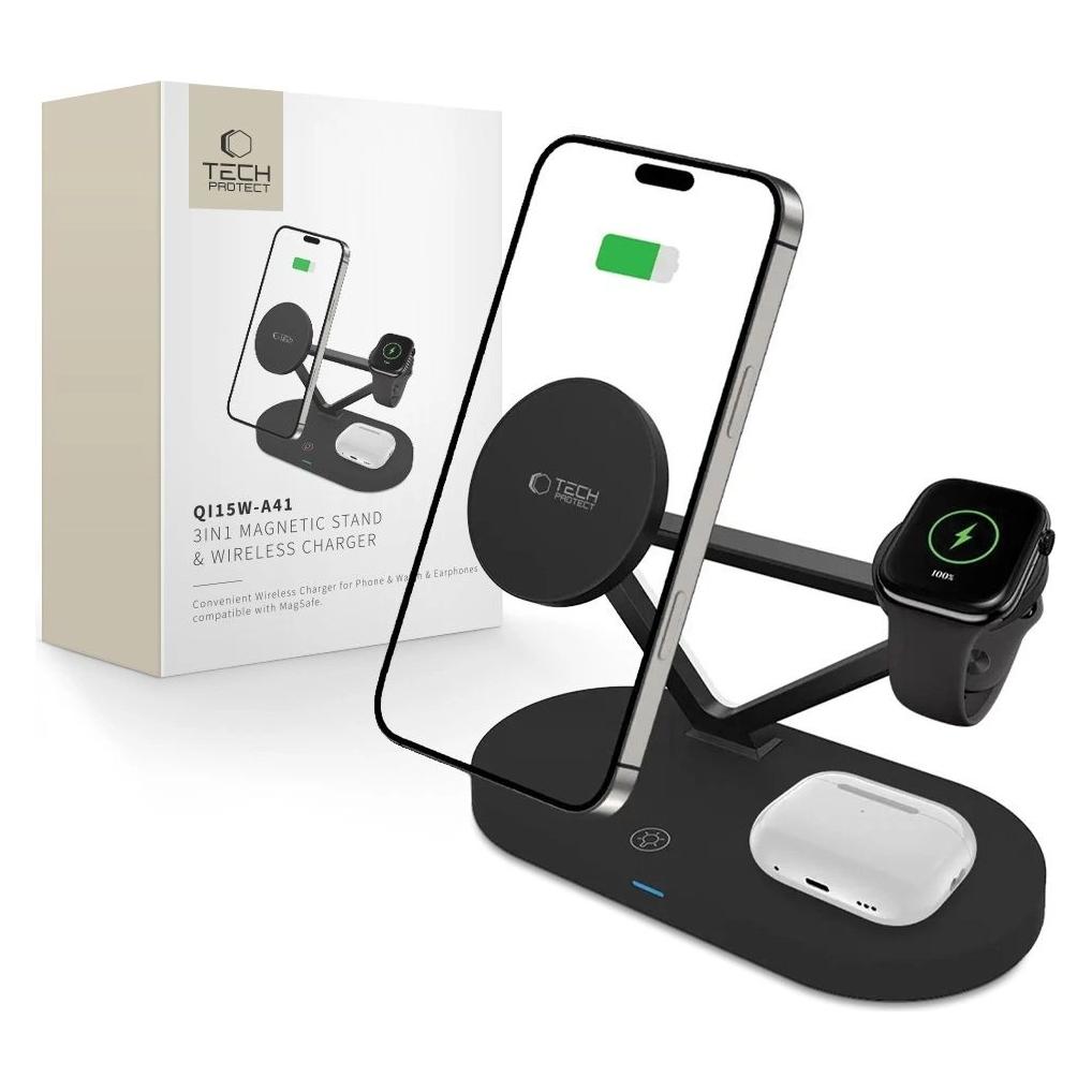 Tech-Protect QI15W-A41 3in1 Wireless Charger with MagSafe for Apple Devices - Black (15 W) (27008-0)