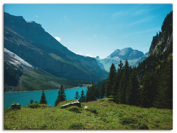 Leinwandbild ARTLAND Blick auf den Oeschinensee , beige (farbe bild(er): naturfarben), B:80cm H:60cm, Bilder, Leinwandbild, auf Holzrahmen gespannt