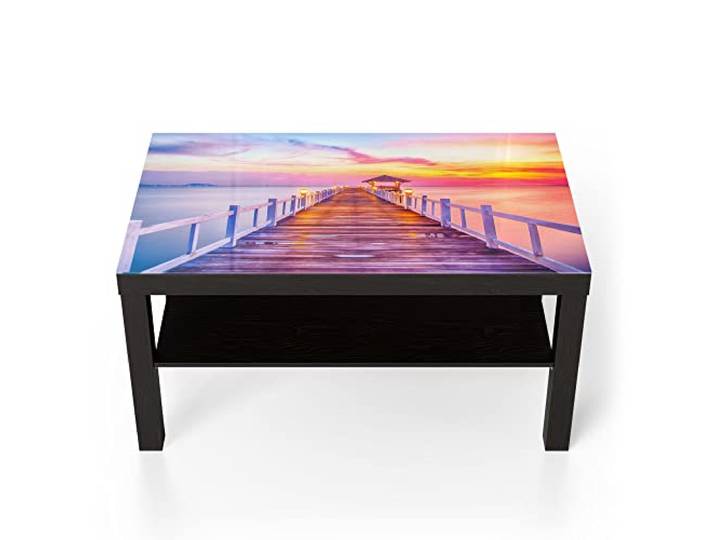 DEQORI Glastisch schwarz groß 90x50 cm Motiv Holzsteg bei Dämmerung ausgefallener Beistelltisch aus Glas Hochglanz Couchtisch fürs Wohnzimmer moderner Couch Tisch mit Design