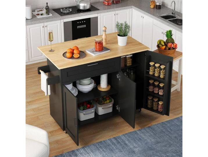 Buffet bas 132.5x44(70)x90 cm avec plan de travail rabattable Buffet de cuisine avec roulettes et armoire Buffet salon en noir