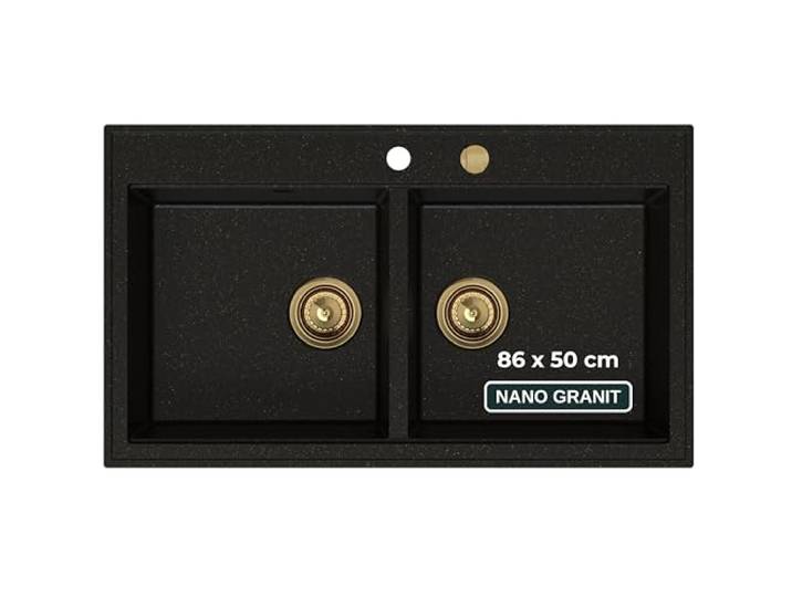 SINK QUALITY Doppel Spülbecken schwarz-gold 86x50 cm, Doppelspüle mit Siphon und Imprägniermittel, Granitspüle 2 Becken - Küchenspüle ab 85er Unterschrank