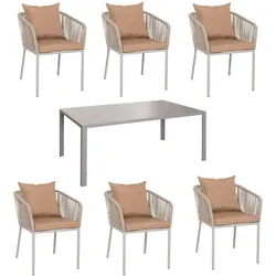 PROREGAL Gartengarnitur Tisch+6xStuhl wetterfest Alu 180x80cm Seilgeflecht Rope Grau Kissen Taupe