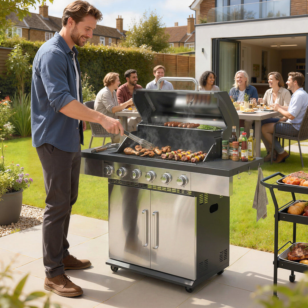 Outsunny 6 Burner Propane Gas BBQ Grill with Warming Rack, Silver Silver 6