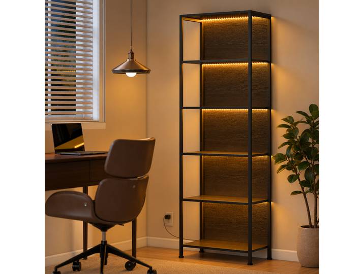 HOMCOM Étagère Industrielle 5 Niveaux LED Métal Bois Noir