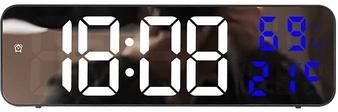 Uplift Essentials 9 Inch Large Digital LED Wall Clock Modern Smart Display With Temperature, Humidity, & Night Mode Sensing mirror Blue Temp