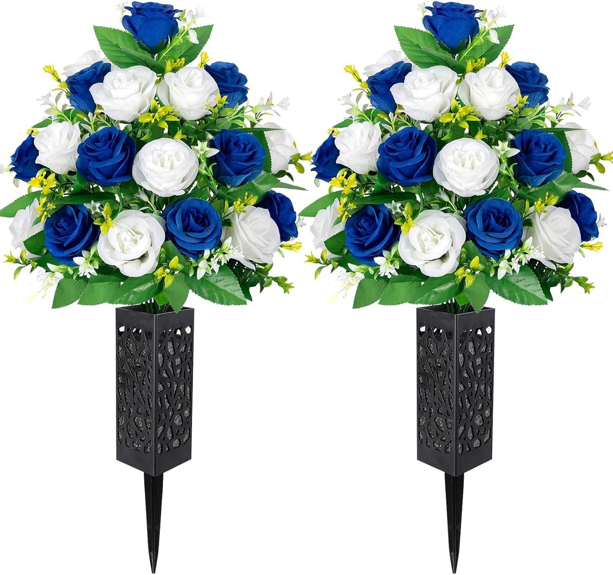 Kunstbloemen Boeket met Kunstrozen voor Grafdecoratie - Blauw Wit - Hoogte: 45 cm