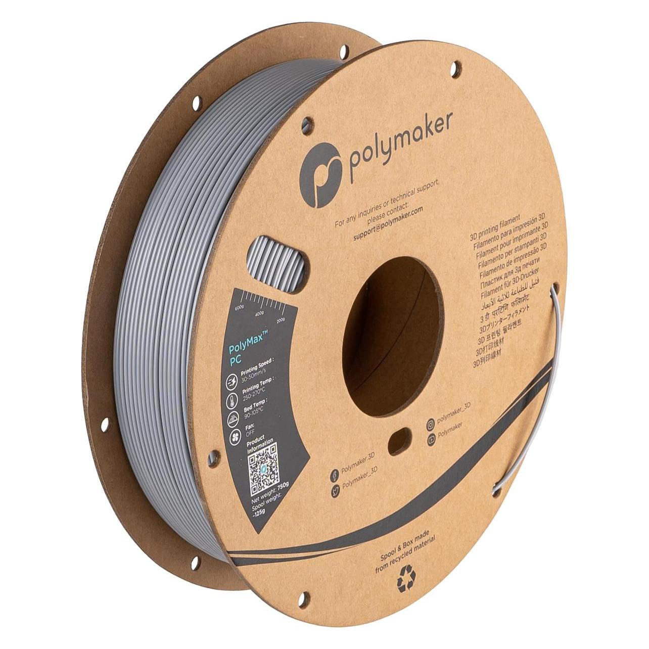 Polymaker PC02005 Filament PC (Polycarbonat) schlagfest, hitzebeständig 1.75mm 750g Grau PolyMax (750 g, 1.75 mm) (PC02005)