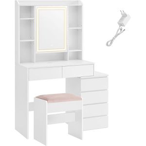 Vasagle Schminktisch RDT125W01, mit Beleuchtung, Spiegel, 6 Schubladen & Hocker, 97,5 x 145 cm