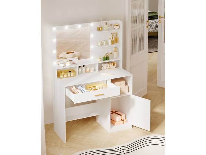 Table de maquillage avec miroir et 10 lumières LED, table de maquillage avec 3 étagères et 4 compartiments ouverts, table de maquillage avec grand tiroir