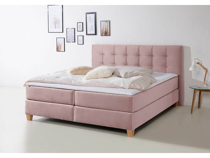 Boxspringbett, Samtstoff, Lila, 194×211 cm, Mit Topper, 7-Zonen-Tonnentaschenfederkern, Home Affaire