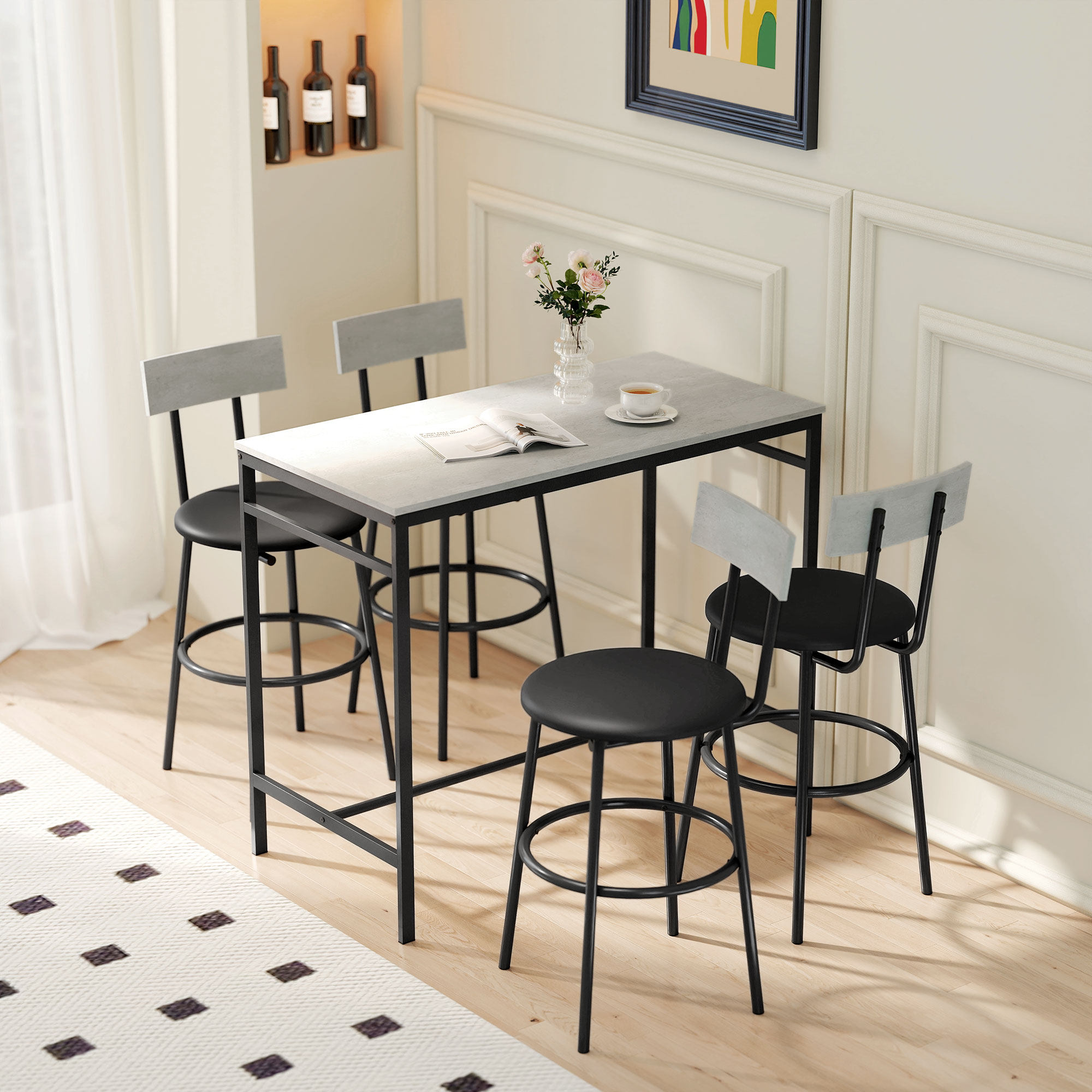 Homcom Set Tavolo Alto e 4 Sgabelli da Bar con Schienale e Poggiapiedi in Stile Industriale, Grigio Cemento   Aosom Italy