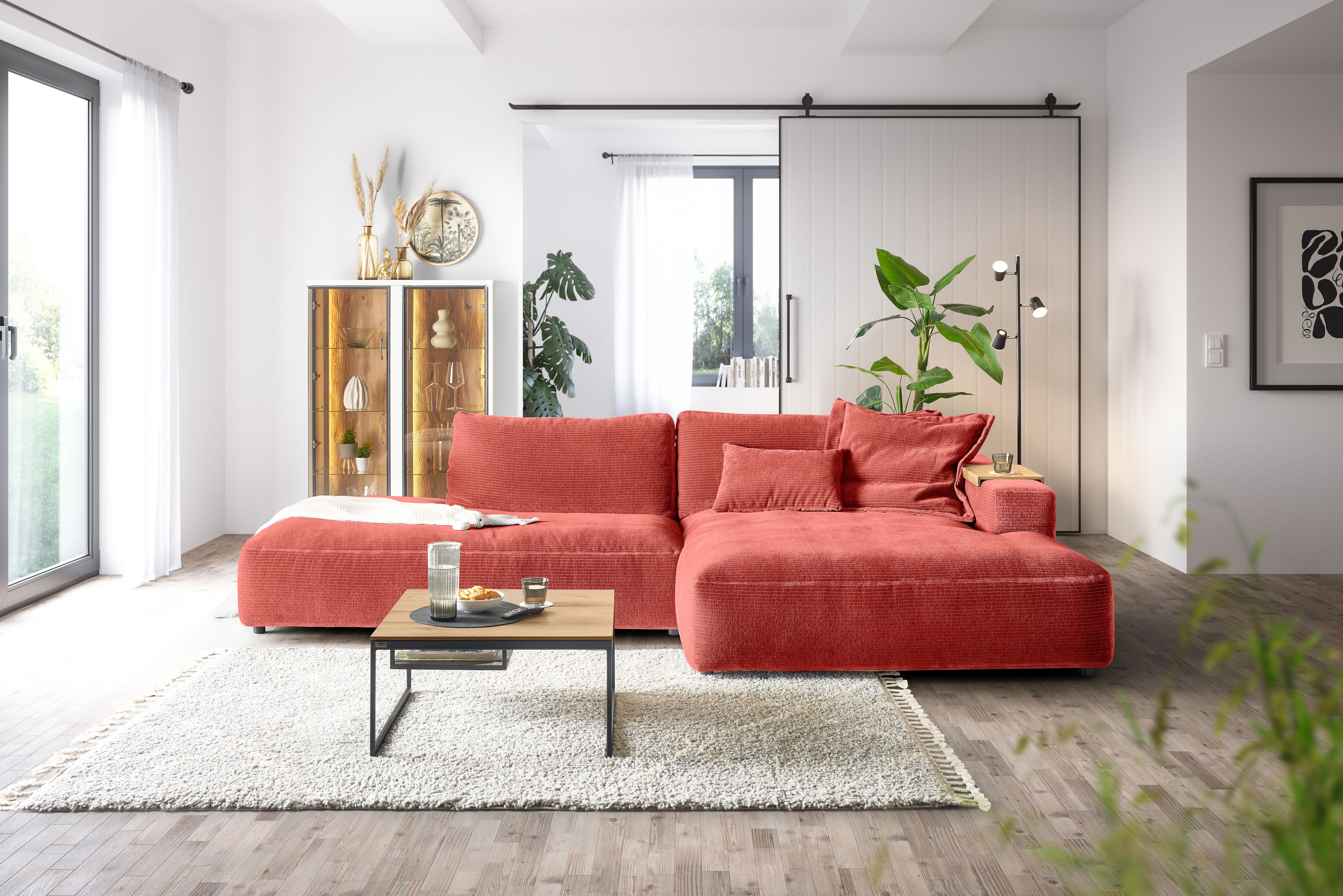 Ecksofa MUSTERRING "Lucia modern und bequem, Breite 330cm, L-Form", orange (aperol), B:330cm H:81cm T:190cm, 100% Polyester, Sofas, Ecksofa, verschiedene Farben, grosser Longchair mit Armlehne, B330 x T190 cm aperol B/H/T: 330cm x 81cm x 190cm, Chenille, 