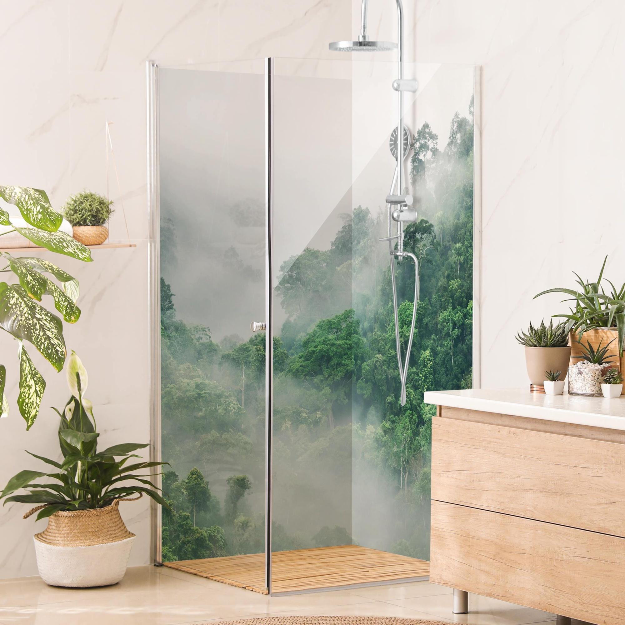 Duschrückwand Wald selbstklebend - 0.61 mm Wandpaneel wasserfest Dschungel grün Tropisch Badrückwand fugenlos Premium matt 100x200 cm