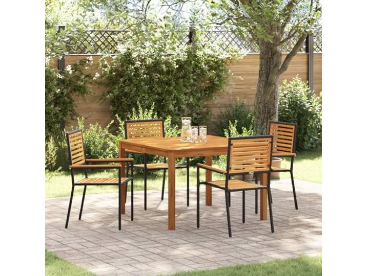 HEFZGDB Garten Esszimmer Set aus massivem Akazienholz mit 4 stapelbaren Stühlen und rechteckigem Tisch, wetterfeste pulverbeschichtete Stahlbeine für Terrasse und Outdoor-Bereich,