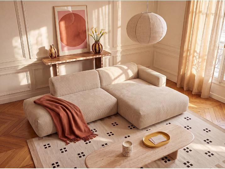 Modulierbares Ecksofa mit Ecke Rechts aus Feincord in Beige von Maison Céphy POGNI