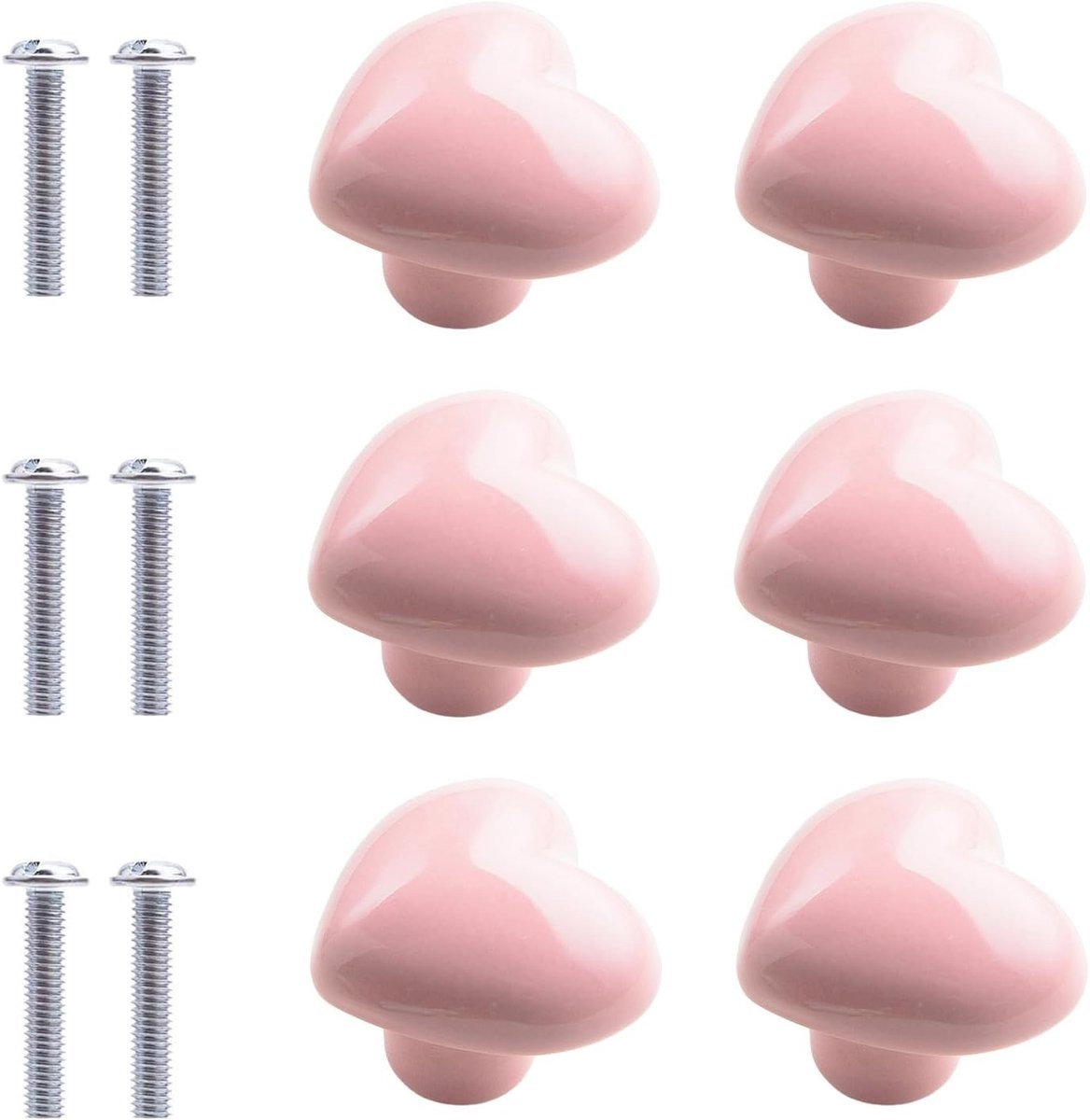 SnelShoppen Set van 6 Roze Hartvormige Keramische Knoppen met Schroeven voor Lades, Kasten en Meubels