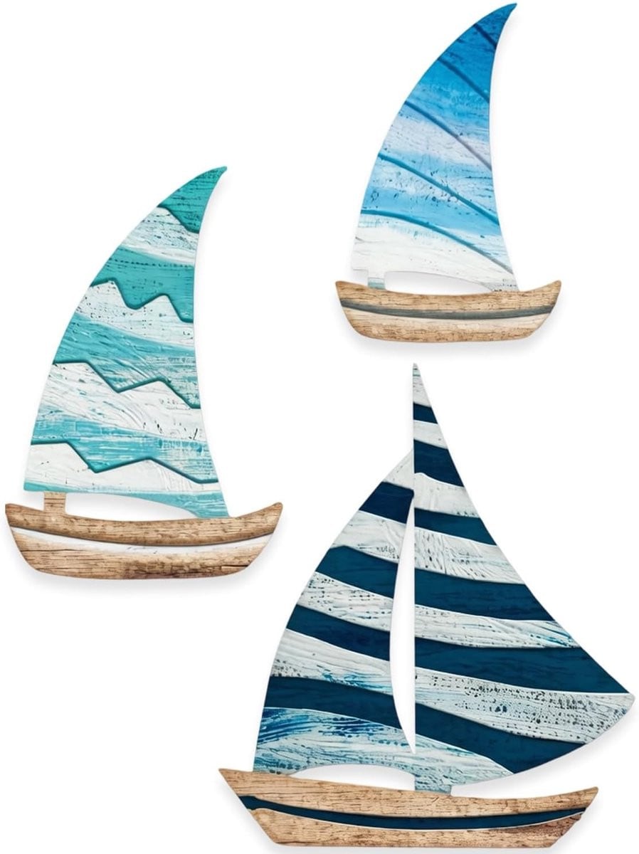 3-delige houten wanddecoratieset met zeilboten in maritieme stijl