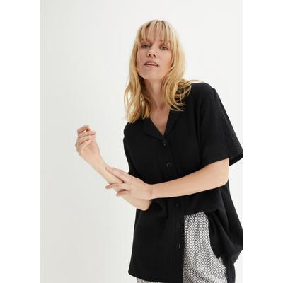 Hemdbluse BONPRIX, Damen, Gr. 48, schwarz, Web, Obermaterial: 100% Baumwolle, unifarben, oversize Po-bedeckend, V-Ausschnitt, Blusen Hemdbluse, in weiter vokuhila Passform, reine Baumwolle, Kurzarm
