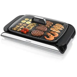Arendo Tischgrill, Elektrogrill, Glasdeckel, Edelstahl, extrastark, Antihaftbeschichtet, schwarz